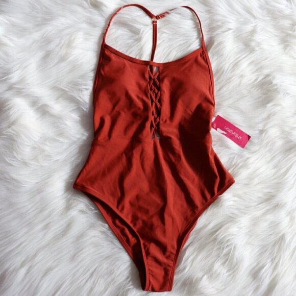 NEW Red Orange Criss Cross Strappy One Piece Bathing Suit Size Small - Picture 3 of 8